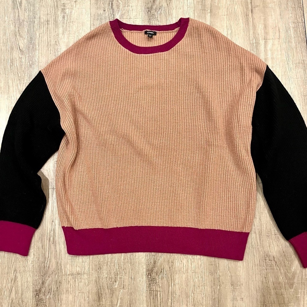 Express Oversized Color Block Sweater Medium Tan Pink Raspberry Black - Picture 5 of 13